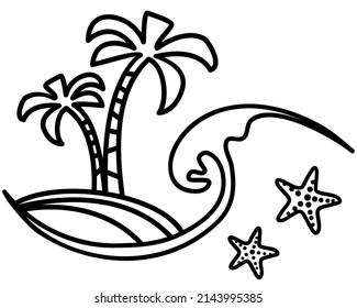 Palm trees and ocean waves island vector outline illustration isolated on white. Travel summer printable design for design