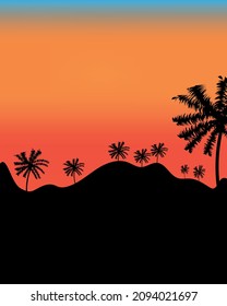 Palm trees on the background of a colorful sunset, bright sky, evening