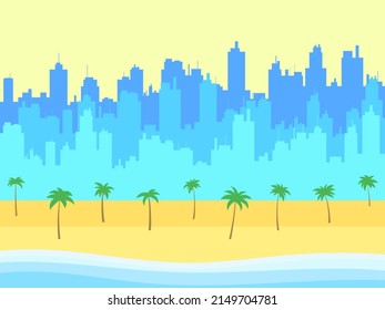Palm trees on the background of the contour of the urban landscape. Summer coast city, beach. Design for posters, banners and promotional items. Vector illustration