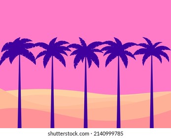 Palm trees on the background of the desert. Summer time. Tropical landscape in flat style. Wavy desert landscape. Design for banners, posters and promotional items. Vector illustration