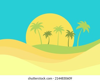 Palm trees on the background of the desert. Summer time. Tropical landscape in flat style. Wavy desert landscape. Design for banners, posters and promotional items. Vector illustration