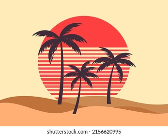 Palmeras en el fondo del desierto. Hora de verano. Sol retro futurista. Un paisaje desierto ondulado. Diseño para banners, afiches y artículos promocionales. Ilustración del vector