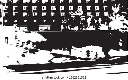 Palmeras al fondo de la residencia. Ilustración vectorial.