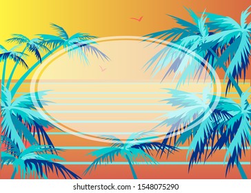 Palm trees on a background of sea and sunset in red and orange colors, a tropical atmosphere for relaxation, with a dedicated place for text for notebooks and albums, vector illustration