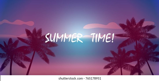 palm trees on the background of the sea and sunset. vector illustration. summer time