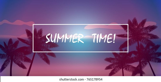 palm trees on the background of the sea and sunset. vector illustration. summer time