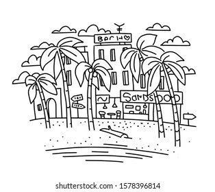 Palm trees on the beach coast on the background of houses. waterfront shore. Hand drawn sketch vector and black line.