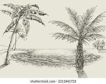 Palm trees on the beach drawing. Sea shore background