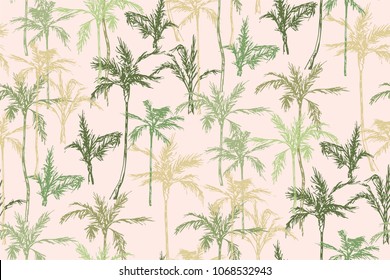 Palm trees on the beach. Palm forest by the sea. Palm trees at sunset near the ocean. Tropical palm trees.
