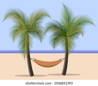 Palm trees on the beach. Hammock between palm trees, rest on the sea