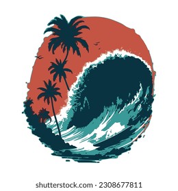 palm trees on the beach with ocean wave illustration