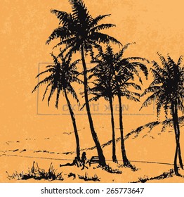 Palm trees on the beach, old paper. vectorization