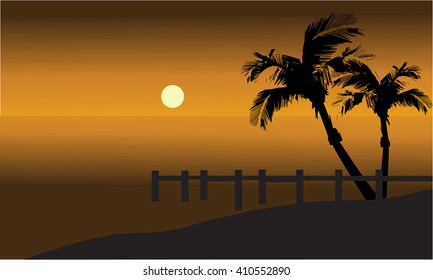 Palm trees on beach and pier silhouette at tthe afternoon