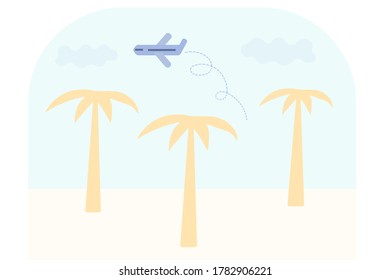 Palm trees on the beach and a plane. The concept of travel, vacations, tours. Flat vector illustration.