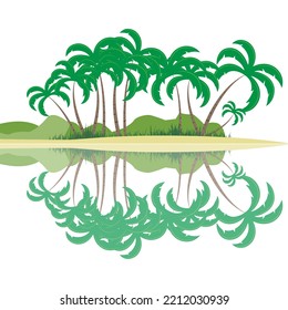 Palm trees on the beach and reflections in the water. Vector illustration