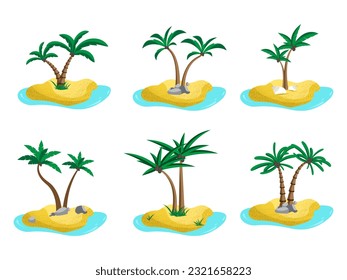 Palm trees on beach. Summer vacations in tropics with plants, ocean or sea waves, sand resort.