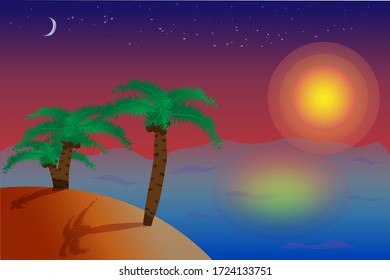 palmeras en la playa al atardecer. vectorial