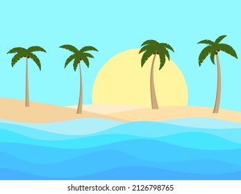 Palm trees on the beach. Tropical landscape with palm trees on the sea coast. Summer time. Design of advertising booklets, posters and travel agencies. Vector illustration