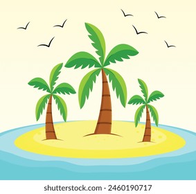 palm trees on the beach. Tropical island with palm trees and birds. Summer landscape vector illustration.