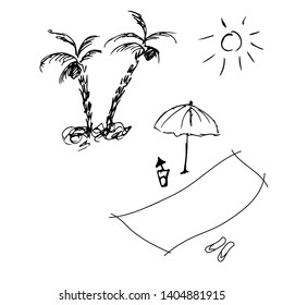 Palm trees on the beach. Umbrella, cocktail and flip-flops. Vector illustration.