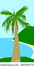 Palm trees on a beautiful beach with white sand and green hills in summer, beach illustration, palm illustration