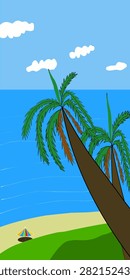 Palm trees on a beautiful beach with white sand and green hills in summer, beach illustration, palm illustration