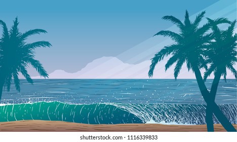 Palm trees on blue ocean shore 