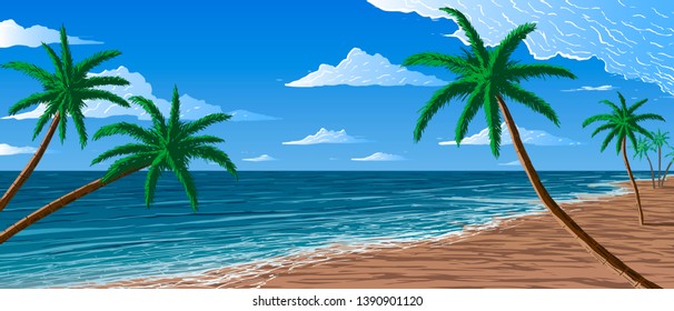Palm trees on blue ocean shore 
