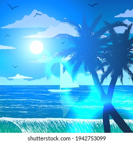 Palm trees on blue ocean shore with bright sun