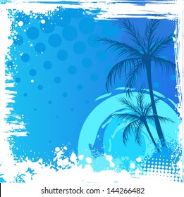Palm trees on blue sunset background with grunge corners