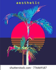 palm trees on bright sunset background in 80's theme