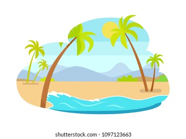 Palm trees on coastline with mountains in background, hot summer landscape sea coast and exotic palms, summertime resort isolated vector illustration.