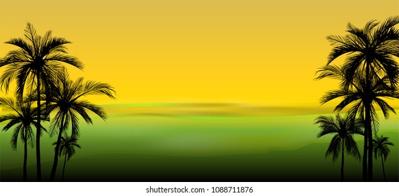 palm trees on colorful background, coconut tree flat icon for vacation apps and websites. Summer tropical background with palms, sky and sunset. Summer placard poster flyer invitation card. Summertime