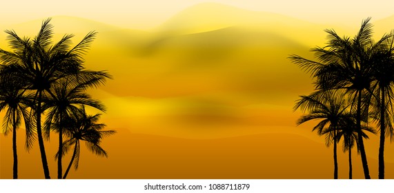 palm trees on colorful background, coconut tree flat icon for vacation apps and websites. Summer tropical background with palms, sky and sunset. Summer placard poster flyer invitation card. Summertime