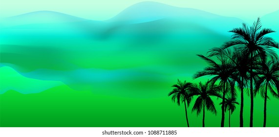 palm trees on colorful background, coconut tree flat icon for vacation apps and websites. Summer tropical background with palms, sky and sunset. Summer placard poster flyer invitation card. Summertime