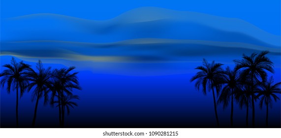 palm trees on colorful background, coconut tree flat icon for vacation apps and websites. Summer tropical background with palms, sky and sunset. Summer placard poster flyer invitation card. Summertime