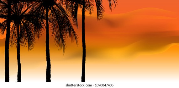 palm trees on colorful background, coconut tree flat icon for vacation apps and websites. Summer tropical background with palms, sky and sunset. Summer placard poster flyer invitation card. Summertime