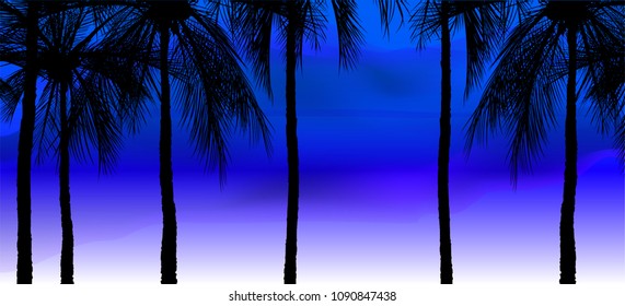palm trees on colorful background, coconut tree flat icon for vacation apps and websites. Summer tropical background with palms, sky and sunset. Summer placard poster flyer invitation card. Summertime