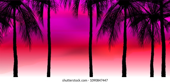 palm trees on colorful background, coconut tree flat icon for vacation apps and websites. Summer tropical background with palms, sky and sunset. Summer placard poster flyer invitation card. Summertime