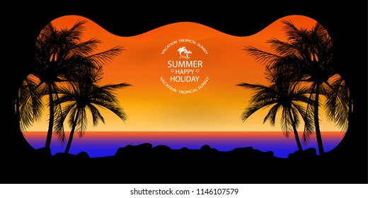 palmeras de fondo colorido, ícono plano de árbol de coco para aplicaciones de vacaciones y sitios web. Fondo tropical de verano con palmeras, cielo y puesta de sol. Cartel de verano, tarjeta de invitación al volante. Hora de verano