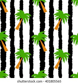 palm trees on grunge black and white stripes seamless vector pattern background illustration