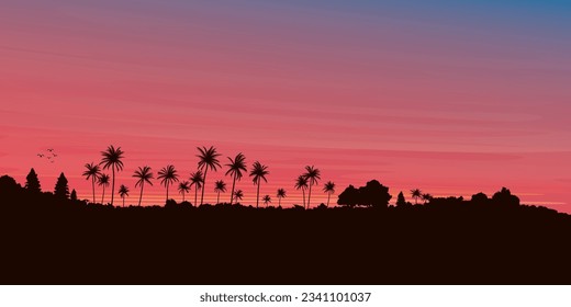 Palm trees on hill silhouetted sunset vector illustration with blank space at the sky. Island with dramatic sky background.