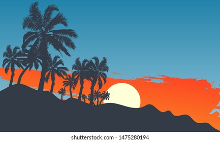 Palm trees on the island against the sky, vector art illustration.