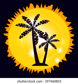 Palm trees on the island. Palm trees on the background of the Sun.