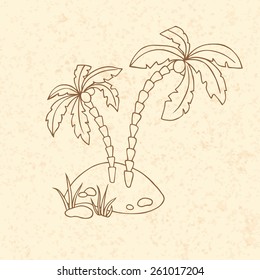 Palm trees on the island, brown outline. Old paper. Vector illustration.  