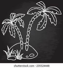 Palm trees on the island. Chalk design. Vector illustration.