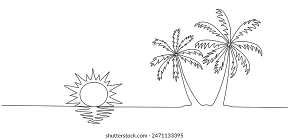 Palm trees on an island with rising sun over the sea , continuous editable single line drawing. Summer vacation concept, vacation by the sea. Vector illustration