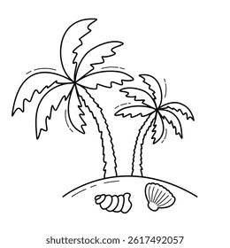 Palm trees on an island with shells doodle sketch still illustration. Exotic tropical tree outline clip art. Vector element