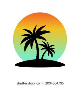 Palm trees on the island and sunset vector. Silhouettes of palm trees against the sunset.