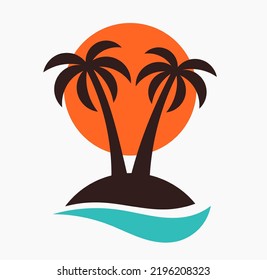 Palm trees on the island, sunset and sea symbol. Vector illustration.